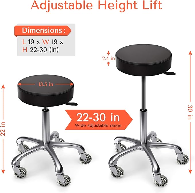 TASALON Rolling Stool - Adjustable Stool with Wheels - Soft Swivel Workbench - Desk Chair for Kitchen, Salon, Spa, Tattoo, Pedicure - Massage Salon Esthetician Chair – Black