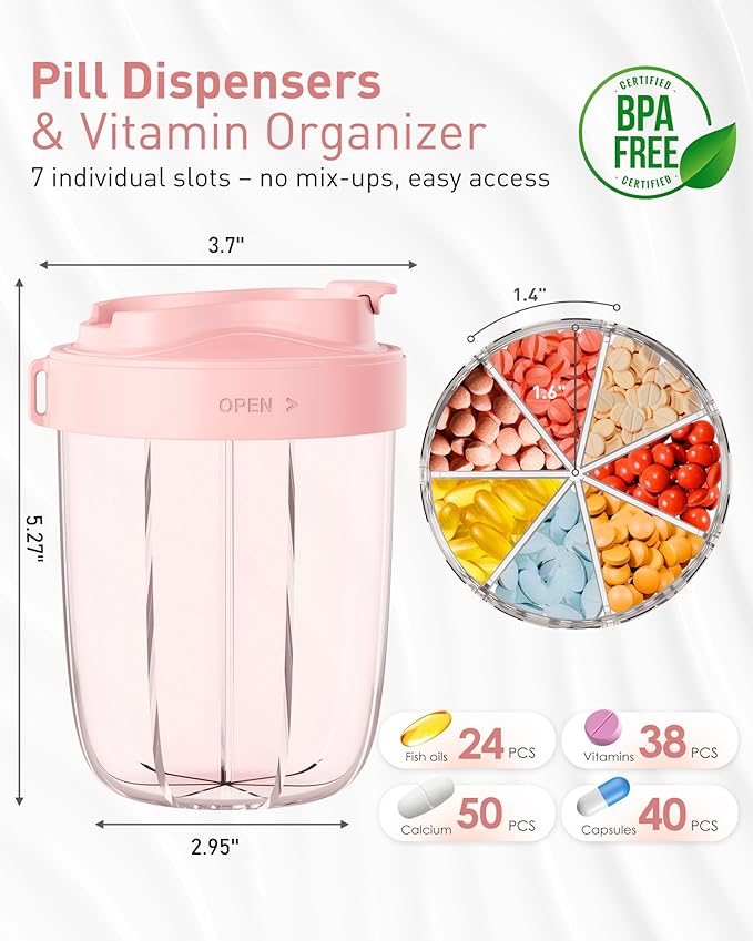 Large Pill Organizer with 7 Compartments，Anti-Mix Pill Box,with Wide Openings Design，Easy to Use，Includes 20 Pcs Labels,BPA-Free Pill Dispenser（Pink&Gray）
