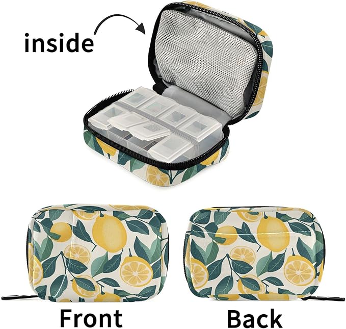 Fustylead Vintage Lemon and Leaves Decor Pill Organizer Case with Zipper 2 Times A Day for Vitamin and Supplement, 7 Day Travel Organizer Medicine Case