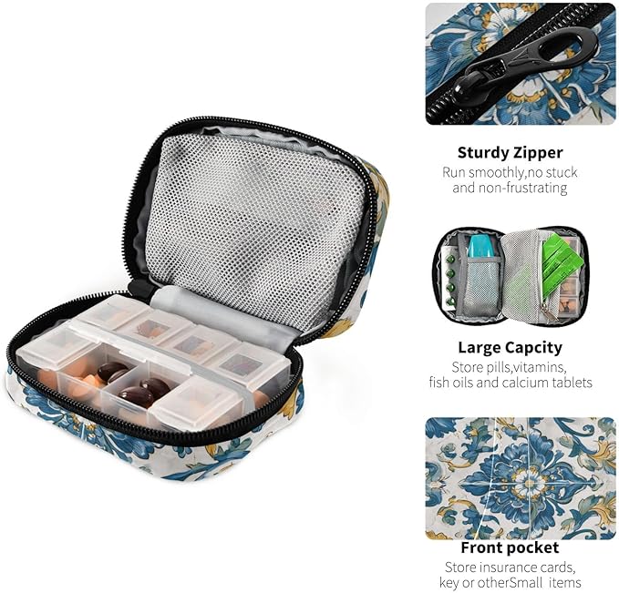 Floral Blue and Yellow Tile Travel Pill Organizer Case Box Container Weekly Portable Vitamin Medicine Holder Storage Bag with Zipper Removable