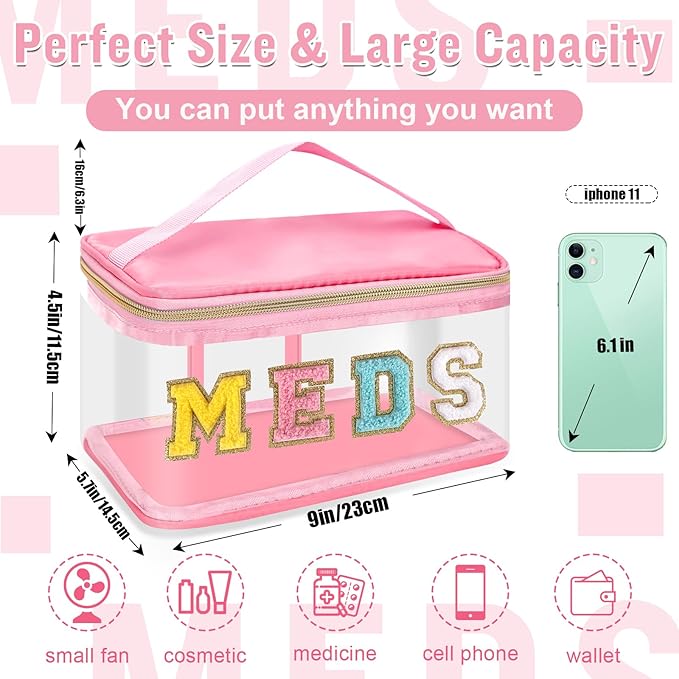 Chenille Letter MEDS Makeup Pouch, Waterproof Portable Medicine Organizer for Travel, Preppy Small Zipper Pouch with Handle, Nylon Nurse Toiletry Bag (MEDS-Pink)
