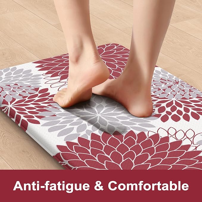 KIMODE Anti Fatigue Kitchen Mat 17.3"x29", Farmhouse Dahlia Padded Kitchen Floor Mats Non Slip, Waterproof Kitchen Mat for Floor, Comfort Standing for Laundry, Office, Sink, Desk Red and Grey