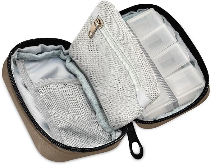 Pill Box 7 Day Pill Case Travel Pill Organizer Bag with Zipper Portable Weekly Case Compact Size for Vitamin Supplement Holder, Solid Color Brown