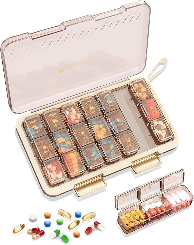 Weekly Pill Organizer 3X a Day, Large 7 Day Pill Box 3 Times, Portable for Travel Pill Case for Pills Vitamin Fish Oil Medication Supplements (Brown)