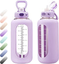 SIEROZUR 42 oz Glass Water Bottle with Straw and Handle Half Gallon Large Water Bottle with Silicone Sleeve and Time Marker Sports Water Jug Wide Mouth for Travel Gym