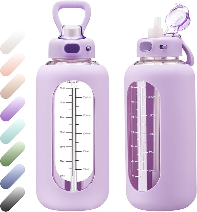 SIEROZUR 64 oz Glass Water Bottle with Straw and Handle Half Gallon Large Water Bottle with Silicone Sleeve and Time Marker Sports Water Jug Wide Mouth for Travel Gym