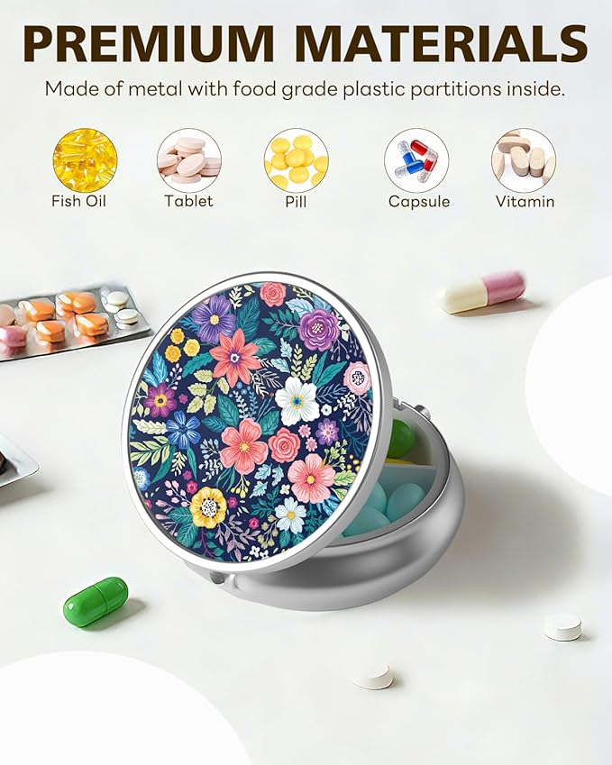 LRITER Pill Case, Portable Travel Pill Box, Pillbox Organizer, Cute Small Medicine Storage Container, Purse Accessories for Women, Men (Pill Case-Flower)