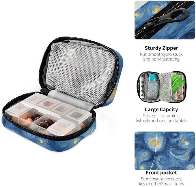 Starry Night Travel Pill Organizer Oil Painting Vitamin Planner Medicine Box Large Compartments Daily Pill Organizer