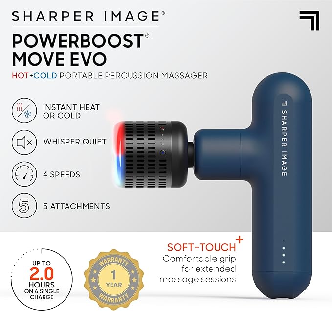 Sharper Image Deep Tissue Percussion Massage Gun, Powerboost Move Evo Hot & Cold Rechargeable Handheld Massager, 4 Adjustable Speeds, 5 Attachment Heads & Carrying Case, for Muscle Pain Relief, Blue
