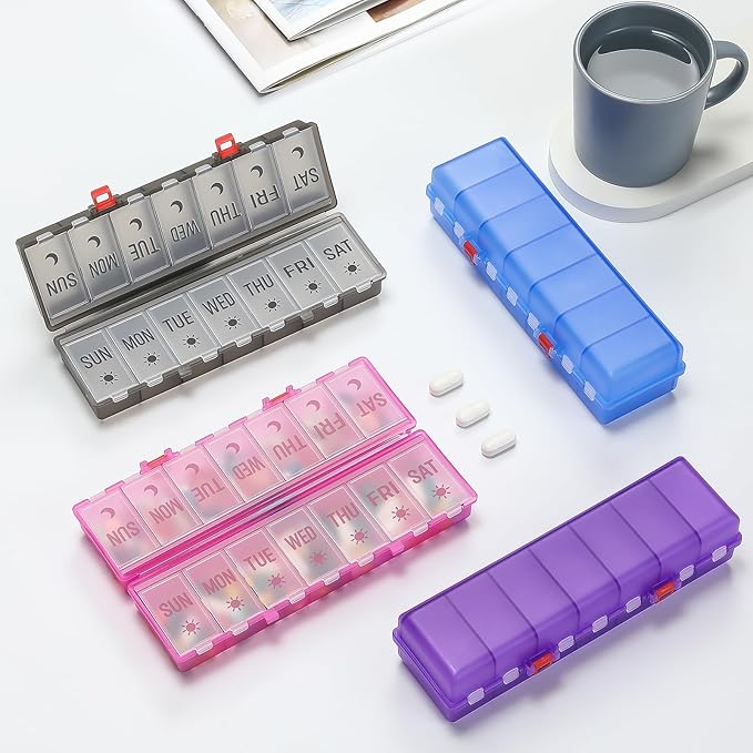 Foldable Pill Organizer 2 Times a Day w/Etched Labels -Dual Protection & Portable Weekly AM PM Pill Box, 7 Day Medicine Container, Large Travel Pill Case for Week Daily Supplement Vitamin -Clear Blue