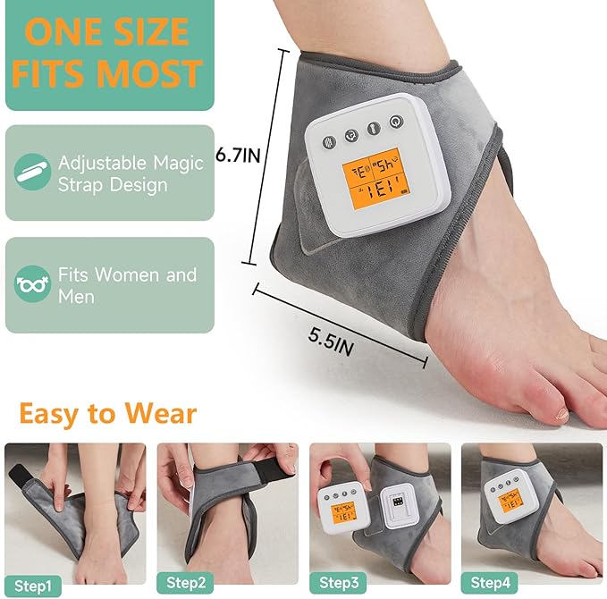 Rechargeable Cordless Ankle Massager with Heat, Heated Foot Massager for Plantar Fasciitis & Achilles Tendinitis Pain Relief, 3 Vibration & Heat Modes, Auto Shut-Off