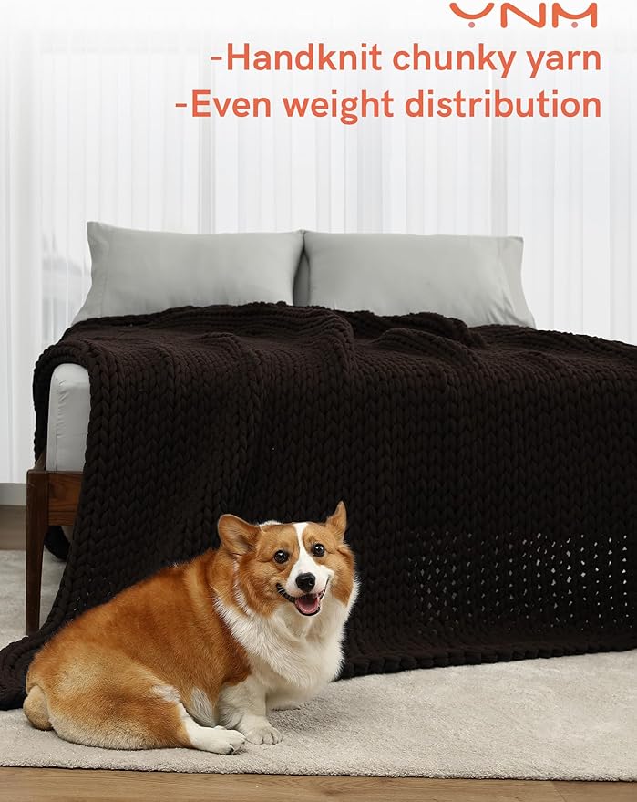 YnM Cotton Weighted Blanket, Handmade Chunky Knitted Design, Soft and Cozy, Temperature Regulating and Breathable, Machine Washable Throw for Sleep or Home Decor (Chocolate Brown, 43x50 Inch, 10lbs)