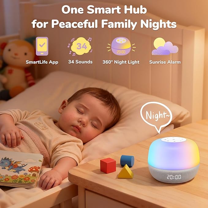2025 Mom's Choice Awards | Sound Machine Baby White Noise Machine with Sunrise Alarm Clock & App Control – 360° RGB Night Light, Sleep Soother for Adults & Kids, Newborn Essentials Shower Gift