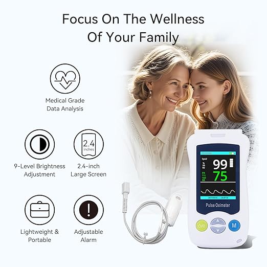 Continuous Pulse Oximeter Fingertip, Medical Grade Accuracy Fast Reading SpO2 Pulse Rate Blood Oxygen Saturation Monitor Handheld 500 Data Storage Overnight Pulse Oximeters with Adjustable Alarm