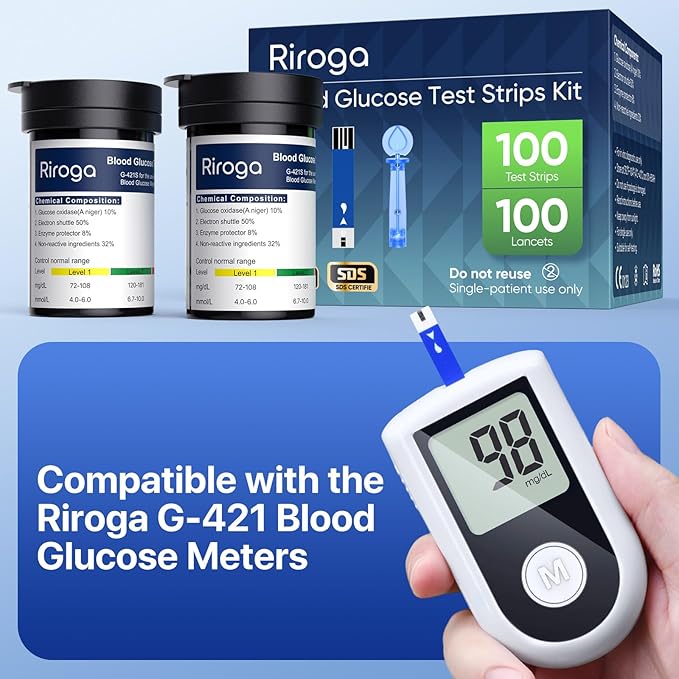 Riroga Blood Glucose Test Strips, 100 Count Blood Sugar Test Strips for Diabetes, 100 Counts Blood Lancets, Only Blood Glucose Monitoring System G-421
