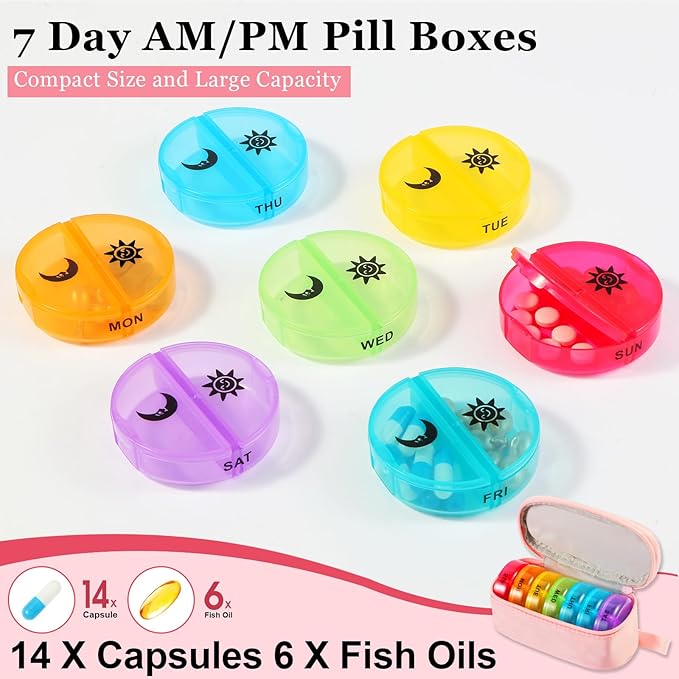 Weekly Pill Organizer 2 Times a Day, Travel Pill Box 7 Day with Large Opening, Pill Case with Handle, Pill Dispenser Medicine Organizer for Vitamins, Fish Oils, Medications, Supplements (Pink, Small)