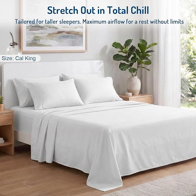 Degrees of Comfort Coolmax® Cooling Bed Sheets California King Size for Hot Sleepers, Moisture Wicking Sheet Set for Night Sweats, Deep Pocket, Ultra Soft, Cozy for All Seasons, White 4 Pieces
