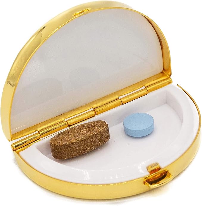 Gold Block Puzzle Pattern Semicricle Pocket Purse Portable Travel Pill Box & Medicine Organizer (1 Large Compartment)