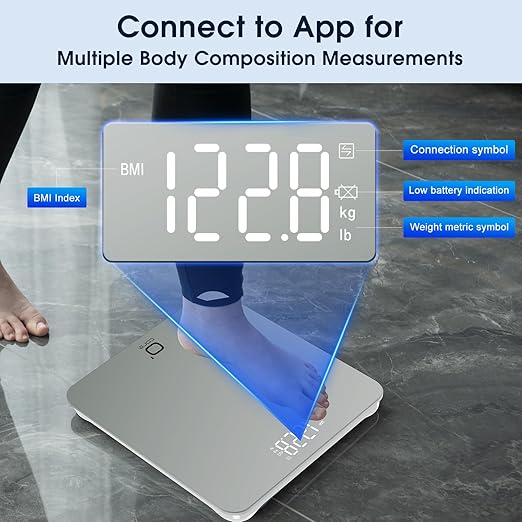 O'CARE Smart Scale for Body Weight and BMI Weighing,High Accuracy Digital Bathroom Scale with LED Large Display,Smart APP Sync Weight Scale 440lb (Silver)