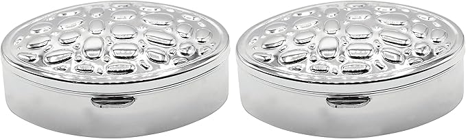 Set of 2 Oval-Shaped Pocket Purse Pill Box & Organizer with Dual Compartments (Silver Lattice)