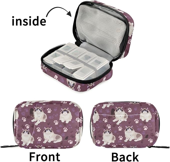 Fustylead Pill Organizer Travel Bag, Small Portable Pill Case Cute for Vitamin Fish Oil Supplements Medicine Organizer with Zipper (Purple01 Ragdoll Cat)