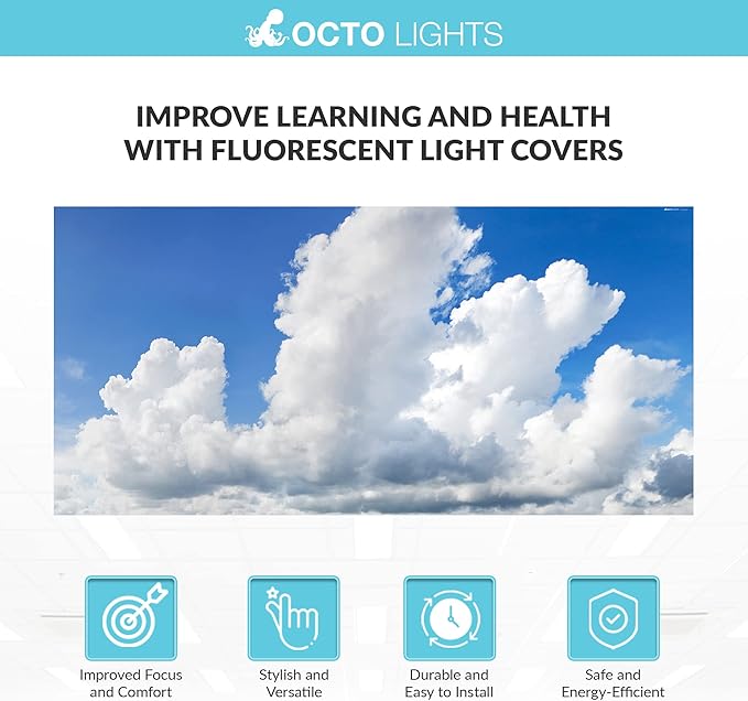 OCTO LIGHTS Fluorescent Light Covers Cloud Sky Panel for Ceiling Lights, Light Covers for Ceiling Lights Classroom 2x4 (22.38"x46.5") Backlit Film Insert for Fluorescent Light Fixtures (Pack of 1)