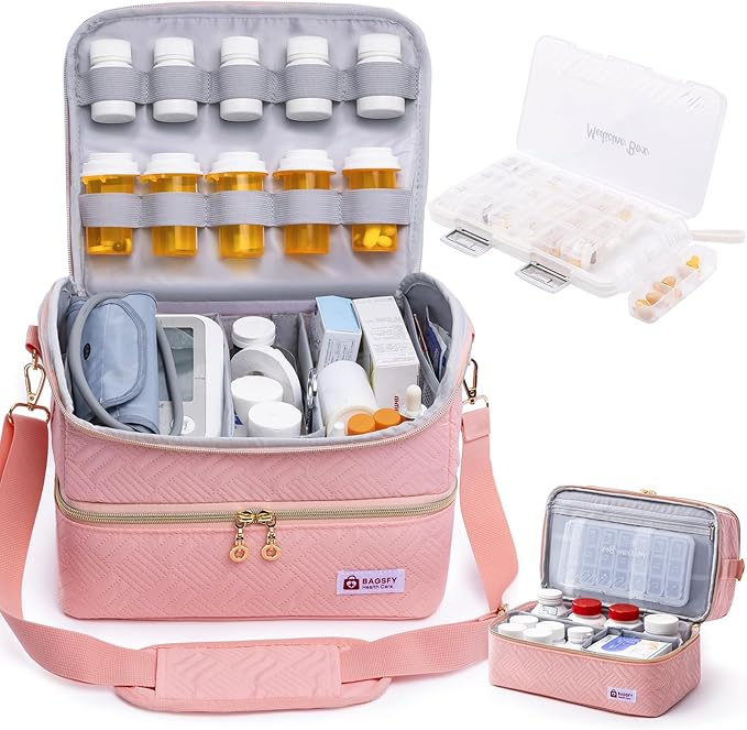 BAGSFY Travel Medicine Bag Organizer with Weekly Pill Organizer 3 Times A Day, 7-Day Pill Box AM & PM Pill Organizer, Medication Organizer Storage, First Aid Bag, Pill Bottle Organizer with Pill Case