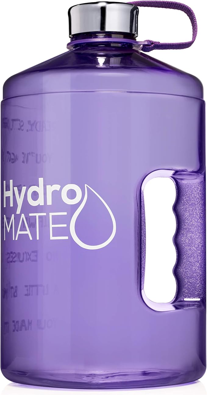 NatureWorks HydroMATE 1/2 Gallon Water Bottle with Times to Drink BPA Free Leak Proof Reusable Jug with Handle 64 oz (Light Purple)