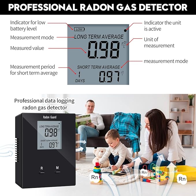 Home Radon Detector, Portable Radon Tester, Long and Short Term Monitor, Monitor Your Home Radon Level, Prevent Radon Exceed, Powered by Rechargeable Battery, Black