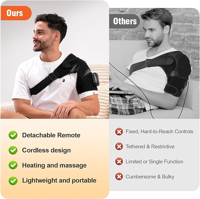 Cordless Shoulder Heating Pad with Detachable Remote, 5 Heat and 5 Vibration Heated Shoulder Wrap, Shoulder Brace Massager for Pain Relief, Warm Gifts for Women Men