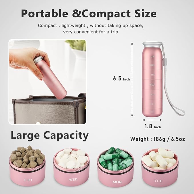 Weekly Pill Organizer, Portable Travel 7 Day, Waterproof Container, Large, Aluminum, Metal, Hold Vitamins, Cod Liver Oil, Supplements and Medications (Pink)