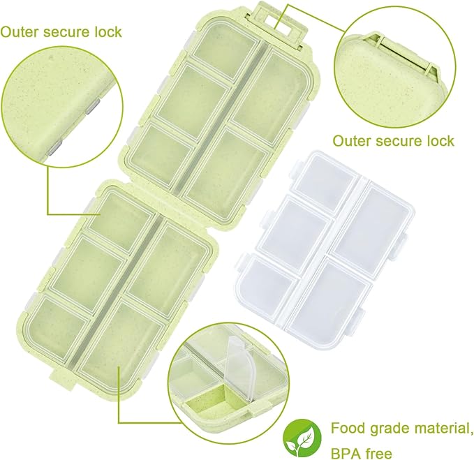 Travel Pill Organizer with Medicine Labels, 10 Compartments Travel Medicine Organizer Daily Small Pill Container Travel Pill Box Purse Pill Case (Yellow, 189 Lables)