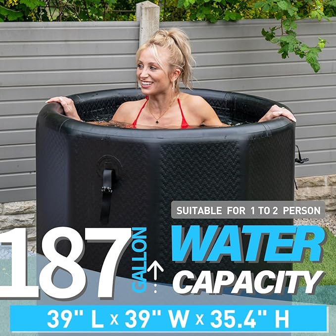 Inflatable Ice Bath Tub for Athletes - Cold Plunge Tub Compatible Water Chiller, Insulated Lid, EVA Groundsheet, Backpack, 187 Gallon, 39" L x 39" W x 35.4" H