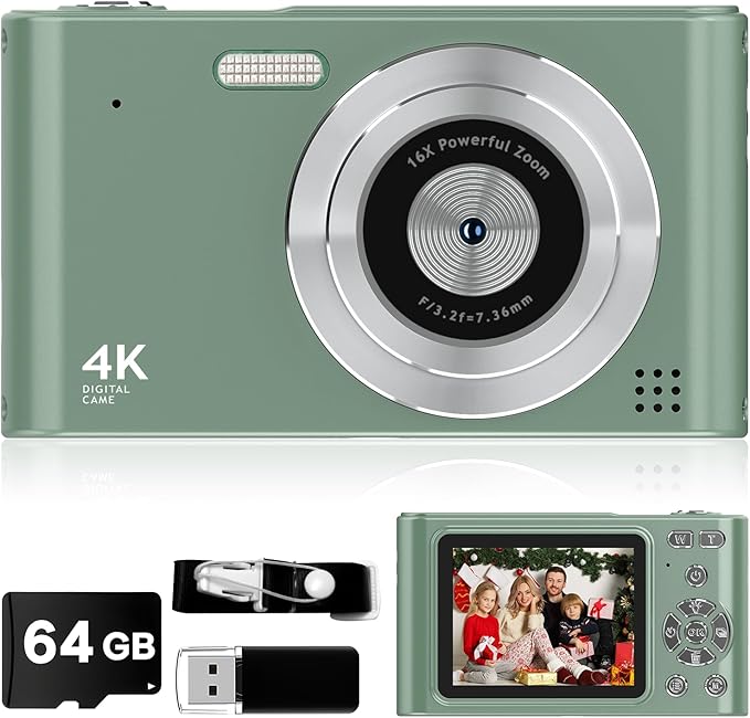 Digital Camera - 1080P Vlog Camera, 44MP Compact, 16X Zoom, Anti-Shake, Green Gift for Kids