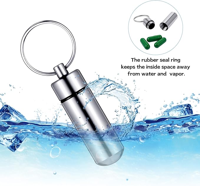 Patelai 12 Pcs Portable Keychain Pill Holder Mini Pocket Pill Case for Men Women Aluminum Geocache Containers Waterproof Metal Medicine Bottle Organizer for Outdoor Camping Travel(Silver)