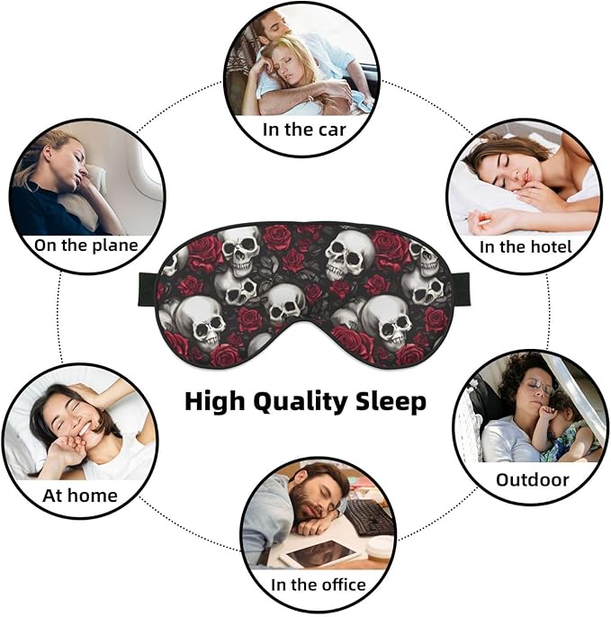 Skulls and Red Roses Sleep Mask Eye Mask with Adjustable Strap Eye Sleep Shade Cover Blocks Light for Women Men Airplane Travel Nap