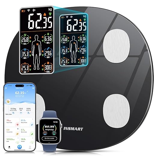 INSMART Smart Scale for Body Weight, All-in-one LCD Display Bathroom Weight Scales Body Fat Scale,Bluetooth Digital Smart Weighing Scale with Heart Rate,Heart Index & Body Composition Analyzer,396 lbs