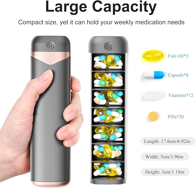 Pill Organizer, Weekly Pill Organizer 7 Day, Daily Pill Box, Pill Case, Pill Container, Weekly Pill Organizer 1 Time a Day, Portable Travel Pill Box for Vitamin, Fish Oil, Medicine (Grey&Rose Gold)