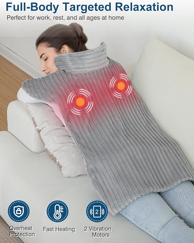Dowin Massaging Heating Pad for Neck and Shoulders,Wearable Heating Pads for Back Pain Relief,Auto-Shut Off, 2 Heat Settings Heating Pad Wrap with Massager,Machine Washable,24 x35inch Grey