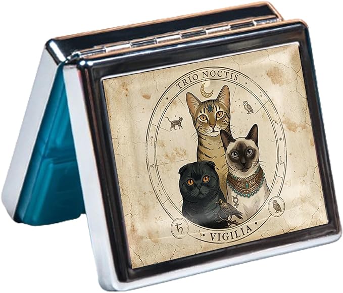 7 Days Chromed Shiny Silver Pill Organizer with Mirror Inside Has 8 Separate Compartments Rectangle,Versatile Storage for Medication - Ideal Travel Accessory (Three Cute Cats)