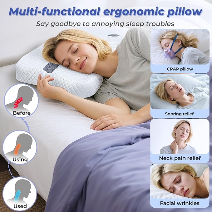 Anti-Snoring Pillow for Side Sleepers, Memory Foam Pillow for Snoring Relief, Multifunctional Ergonomic Design for Side Sleeper - White