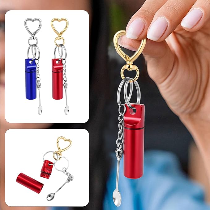 6pc Convenient Pill Holder Keychain – Portable Medicine Keychain Organizer, Compact Small Pill Case for Daily Use， Outdoor Camping Travel（Red and Blue）