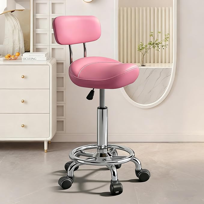 Saddle Stool with Ring Pedal and Back, Adjustable Hydraulic Rolling Chair with Wheels for Medical, Massage, Salon, Spa, Kitchen, and Drafting Use