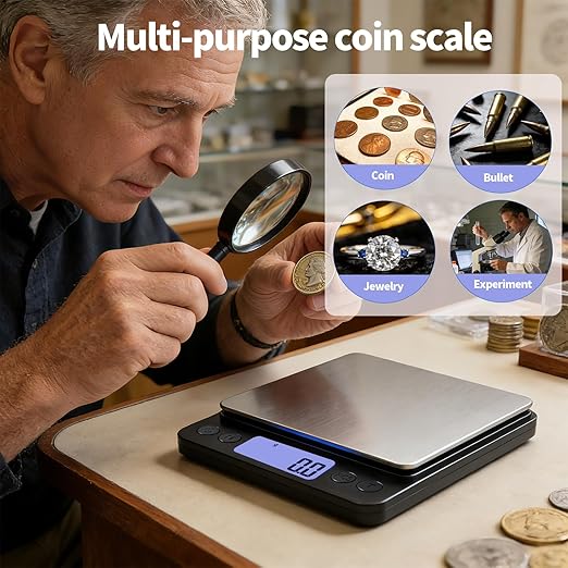 SKEAP Coin Scale to Weigh Coins, 1kg/0.01g High Accuracy Gram Scale for Coin Collectors, Gold and Jewelry, with USB Charging, LCD Display, PCS Counting, Includes Charging Cable and AAA Batteries