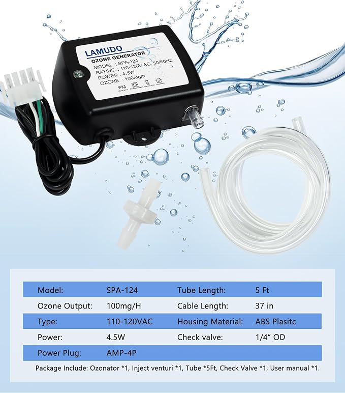 Ozone Generator for Hot Tub and Cold Plunge, SPA-124 Ozonator for Swim Spas, Mini Portable Ozone Machine with Check Valve and Tubes, Replace HCD-55(AMP-4 Plug)