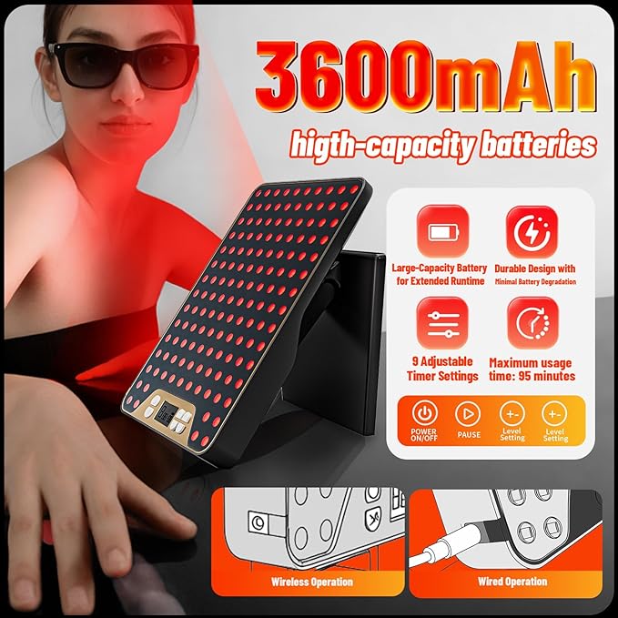 Red Light Therapy Device,Portable LED Red Infrared Light Device with 630nm, 660nm & 850nm Combination Light for Face and Body, 9 Adjustable Timer Settings, Adjustable Angle, Includes Goggles,Black