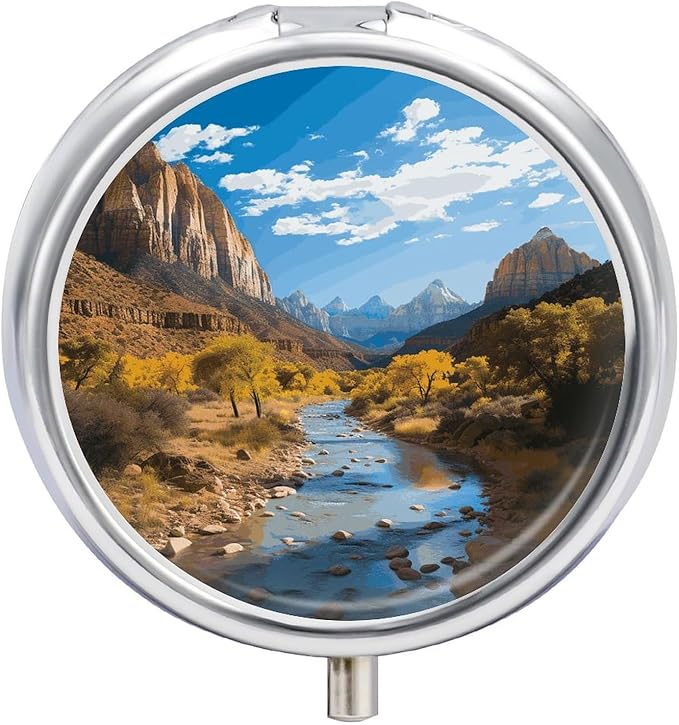 Zion National Park Pill Box Travel Pill Case for Purse Pocket Weekly Medicine Organizer with Mirror 3 Compartment Round Medicine Case Portable PillcaseHolder for Daily