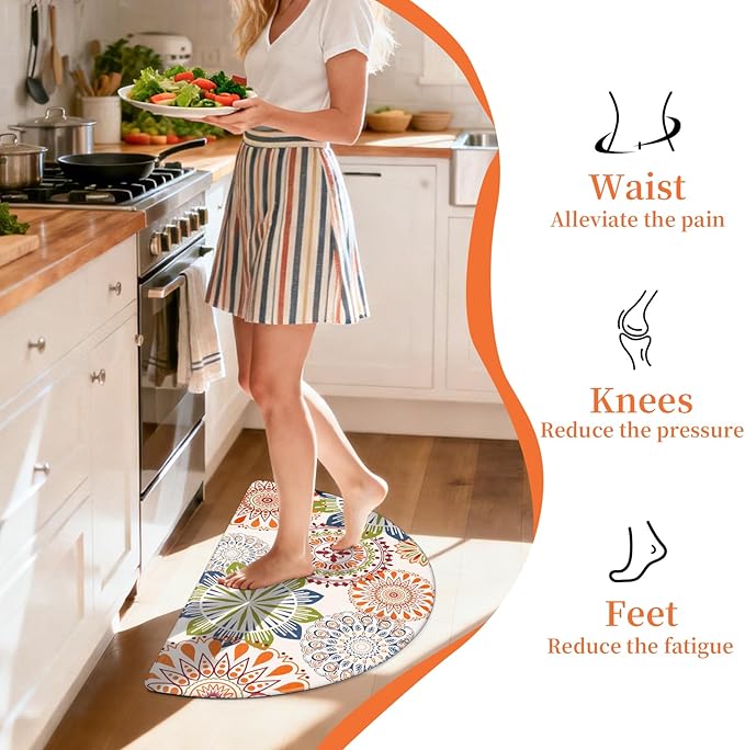 PVC Anti-Fatigue Kitchen Mats, Non-Slip Semi Circle Rug, Comfort Standing Runner Rug, Multipurpose Indoor Mats for Laundry, Office, Bedroom, Sink, Bathroom,Colorful Pattern,size18 x30