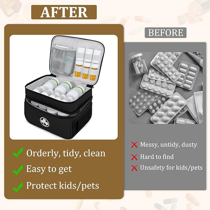 Dual Layers Medicine Organizer Bag, Pill Bottle Organizer Storage with Lockable Zipper, Lockable Medicine Travel Case for Pills, Vitamins, Medical Supplies, Black（Lock Not Included）