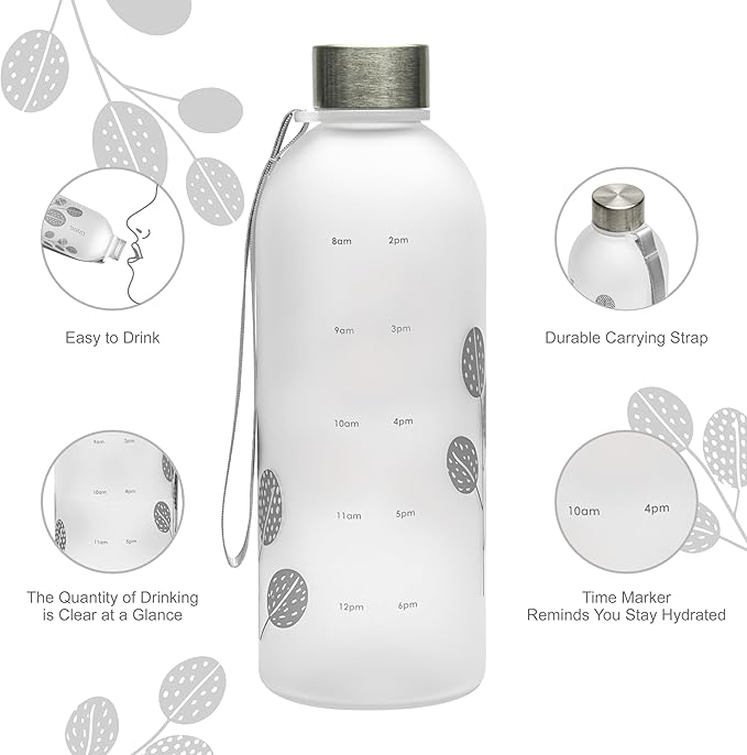 bzyoo 32oz 1 Liter Clear Water Bottle with Time Marker, Leaf Design, Durable Plastic, BPA-Free, Reusable with Measurement Markings for Fitness and Outdoor Activities (Color: Silver)